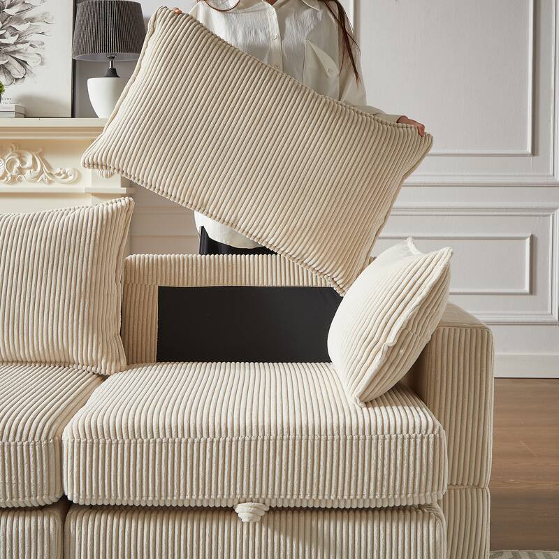 Beige 6-Piece Convertible Corduroy Modular Sectional Sofa with Storage & Ottomans