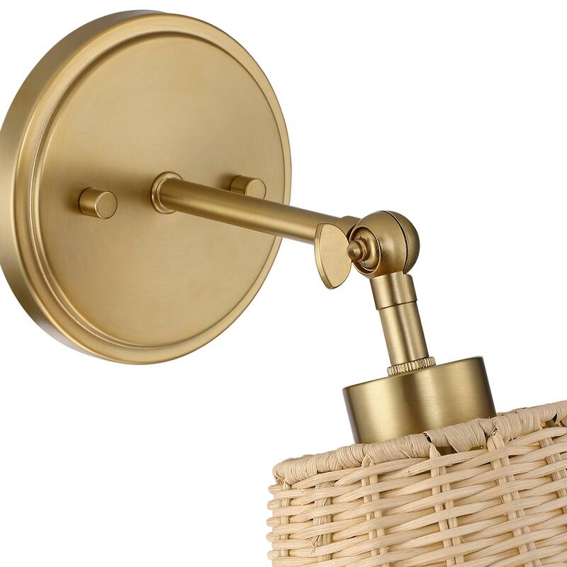 1-Light Boho Natural Rattan Hardwired Wall Sconce with Adjustable Swivel Swing Arm