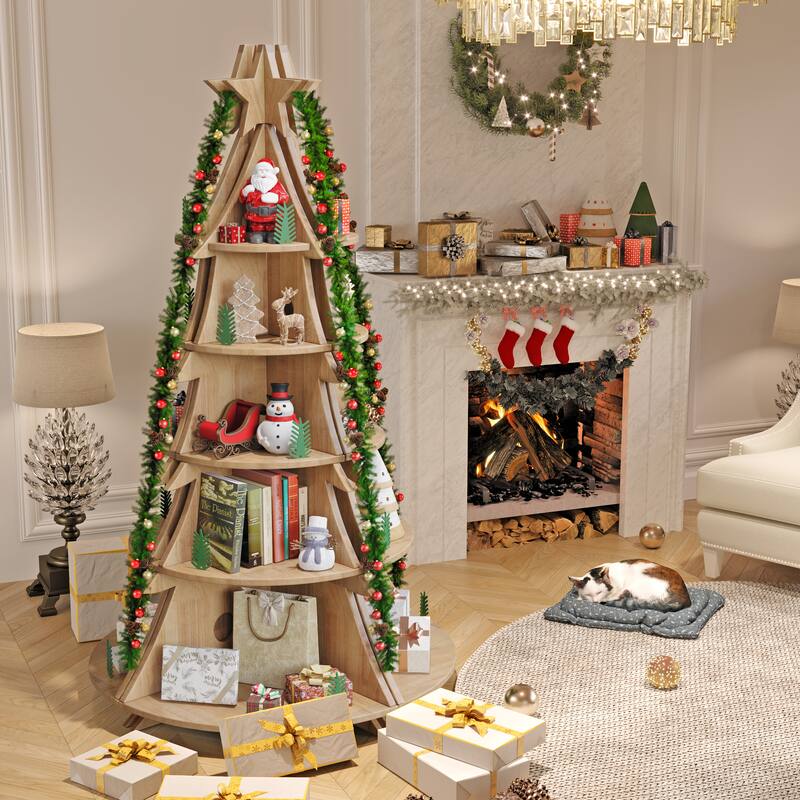 Bookshelf 5-Tier Corner Bookshelf, Solid Wood Bookcase - 71.1"