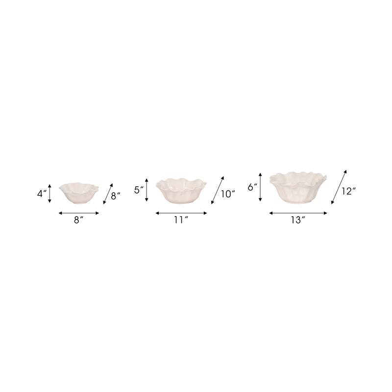Ceramic Accent Bowl, Scalloped Edge-Set of 3-13", 11", 8", Ivory & Tan - 13.0"