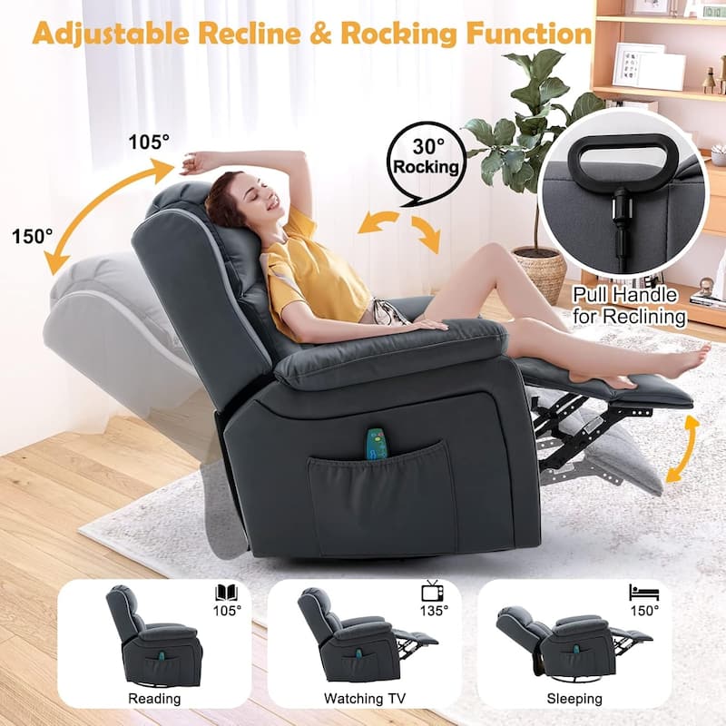 Heated Massage Recliner Chair with 360° Swivel, Rocking Feature, and Side Pocket for Living Room