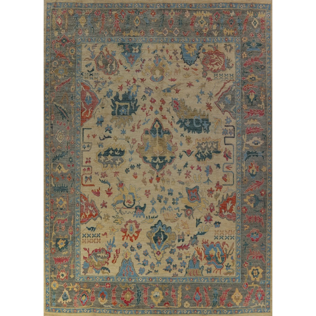 Hand Knotted Oriental 100% Wool Carpet Transitional All-Over Beige & Ivories Oushak Area Rug - 14' 11'' X 12' 0''