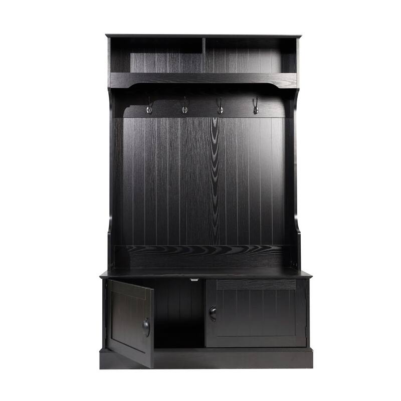 4 Hook Hallway Tree with Storage Bench and Upper Cubbies