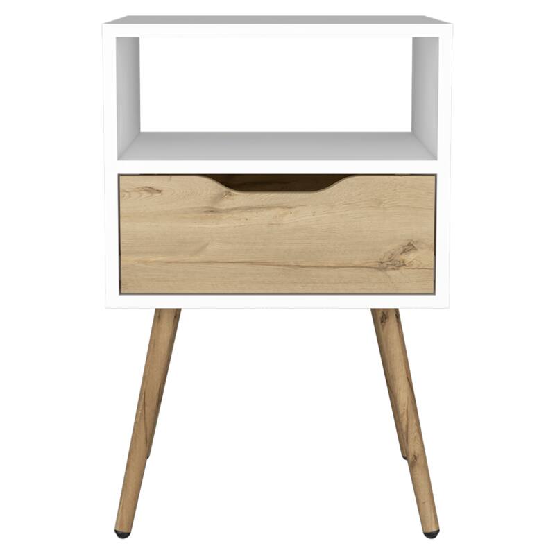 1-Drawer 1-Shelf Nightstand, Light Oak and White Finish, Rectangular Shape