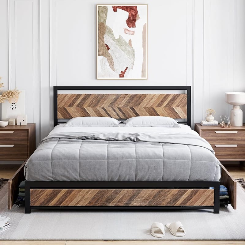 Metal Platform Bed Frame with Rustic Vintage Wood Headboard - Full