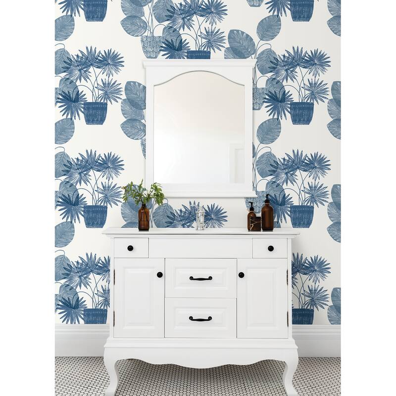 A-Street Prints Aida Blue Potted Plant Wallpaper