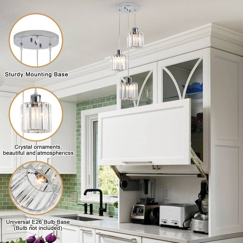 3-Light Modern Metal Hanging Pendant Light Ceiling Light Chandelier with Crystal Cover for Kitchen Island
