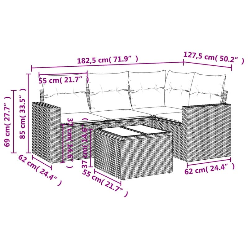 vidaXL 5 Piece Patio Sofa Set with Cushions Black Poly Rattan - 24.4" x 24.4" x 27.2"