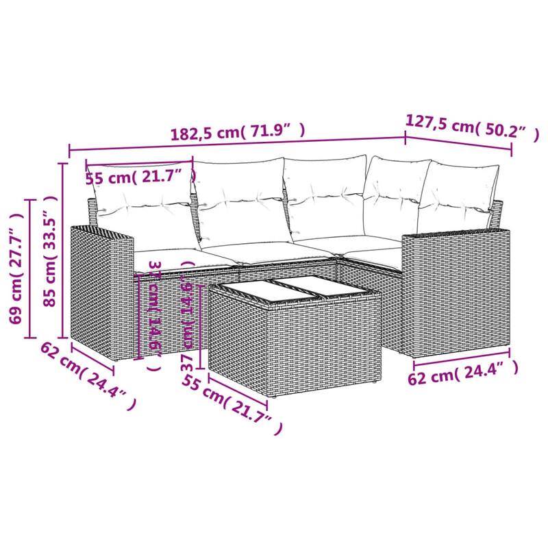 vidaXL Patio Sofa Set with Cushions Outdoor Conversation Furniture Poly Rattan - 25.8" x 24.4" x 27.2"