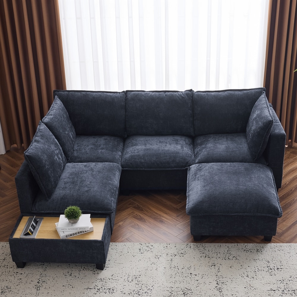U-shaped Sectional Sofa Modular Sofa Couch with Movable Ottoman Coffee Table and Hidden Charging Devices for Living Room