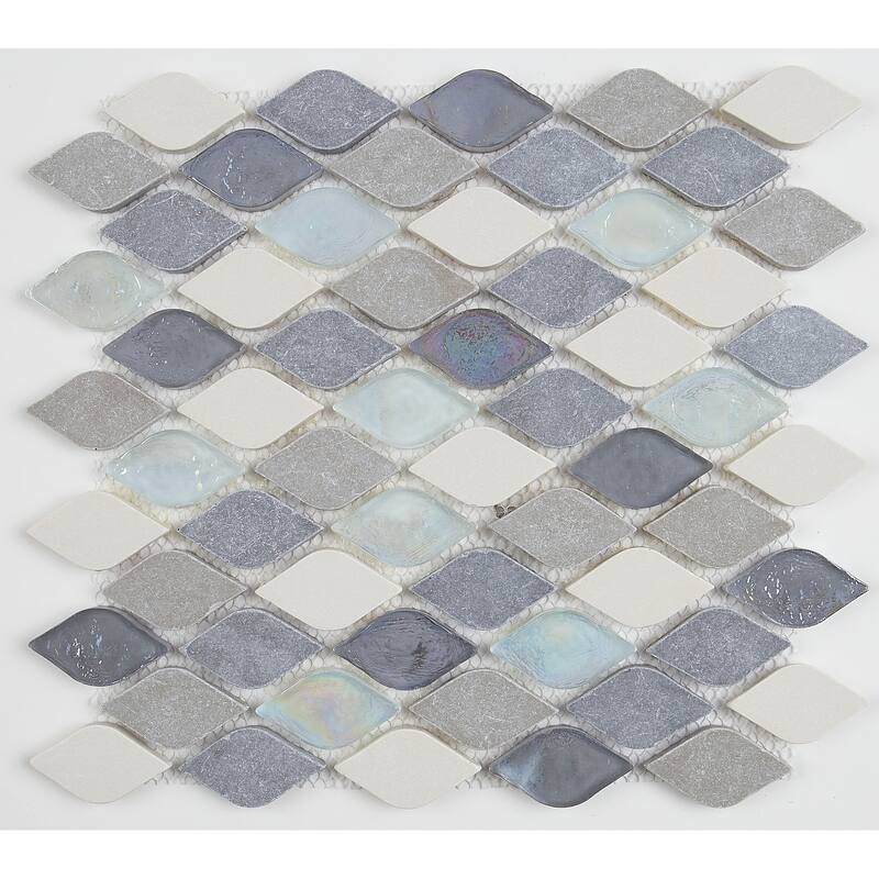 Decorative Accent Rain Drop Stone and Glass Mosaic Tile in Gris et Blanc - 12x13