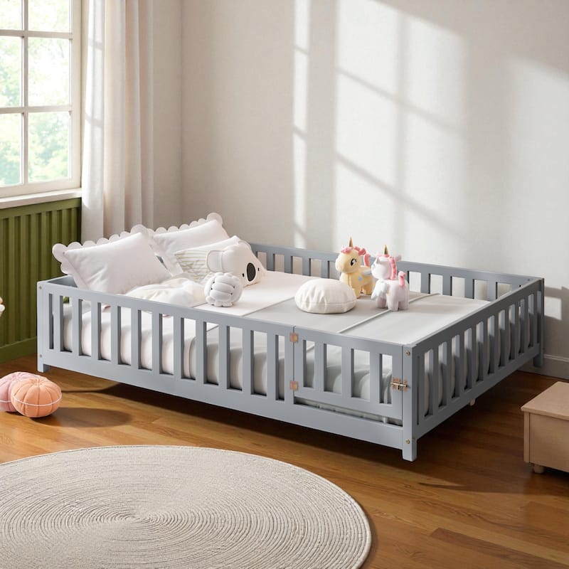 Full Size Montessori Floor Bed with Fence and Door, Solid Wood Platform Bed with Slats for Kids and Toddlers - Grey - Full