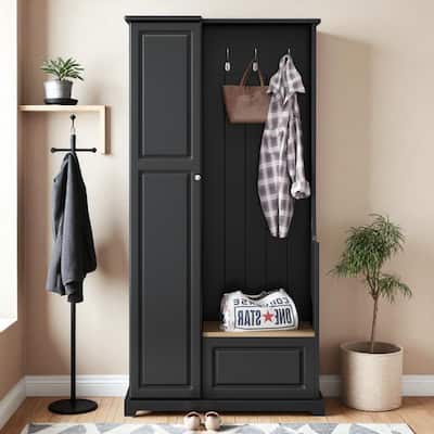 35.6'' Hall Tree with Flip-Up Bench, Adjustable Shelves, Shoe Cabinet & 3 Hooks, Modern Entryway Coat Rack