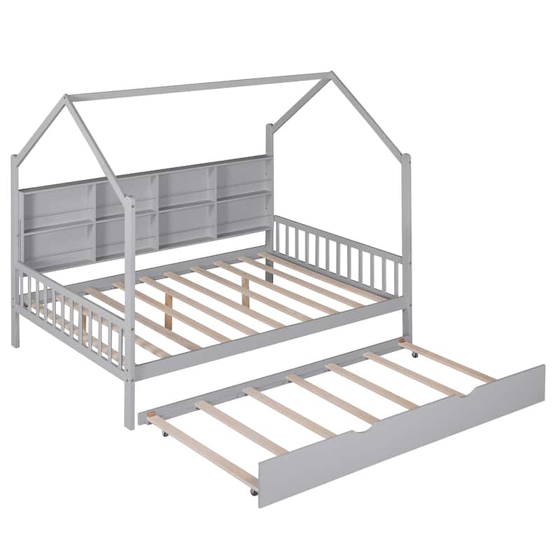 Pine House Bed with Trundle & Storage Shelf