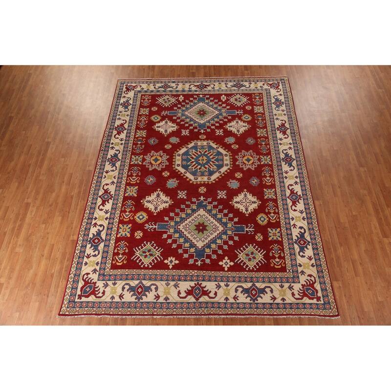 Red Geometric Kazak Oriental Area Rug Handmade Wool Carpet - 9'0"x 11'11"
