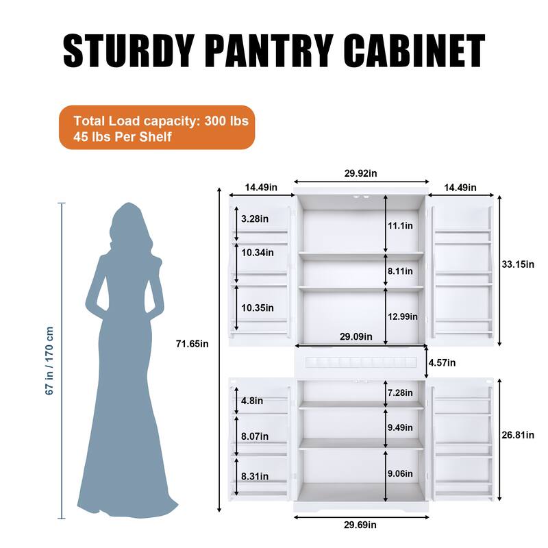 71.65"H Storage Cabinet with Drawer, Pantry Cabinet with 2 Cabinets & 6 Door Shelves, Adjustable Shelves, Freestanding Cupboard