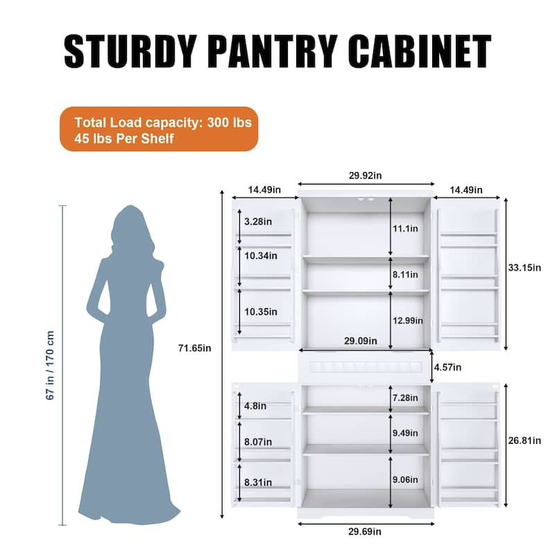 Pantry Cabinet,71.65"Tall Storage Cabinet with Drawer, 2 Cabinets & 6 Door Shelves, Adjustable Shelves, Freestanding Cupboard