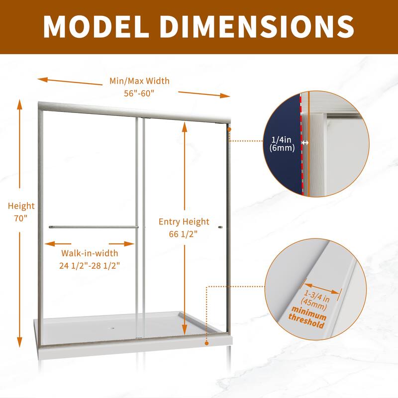 Modland 56-60"x70'' Adjustable Double Sliding Shower Door, 1/4" ANSI Glass with Nano Coating, Framed Bypass Enclosure