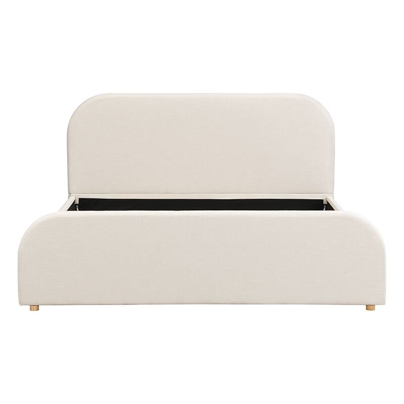 Beige Linen Upholstered Bed Curved Headboard Wingback Frame Low Profile Platform Bed