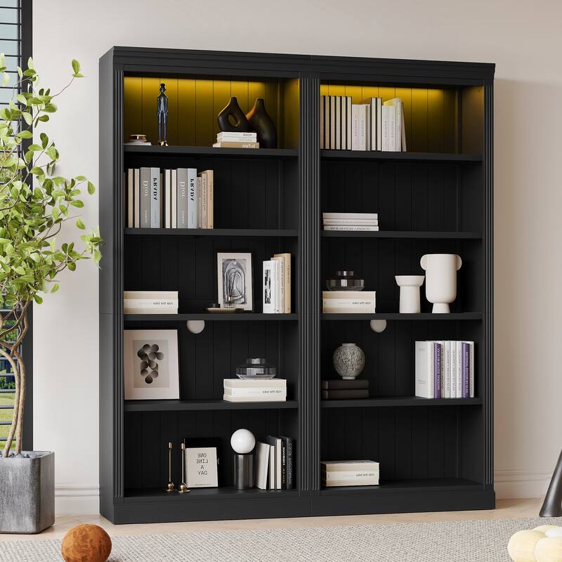 Merax Modern Tall Wood Bookcase with LED Light Strips and Adjustable Shelves - Black