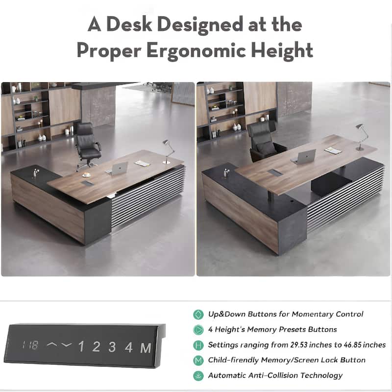 Adjustable Height Executive L Shaped Standing Desk w/ Cable Box Drawers Cabinets