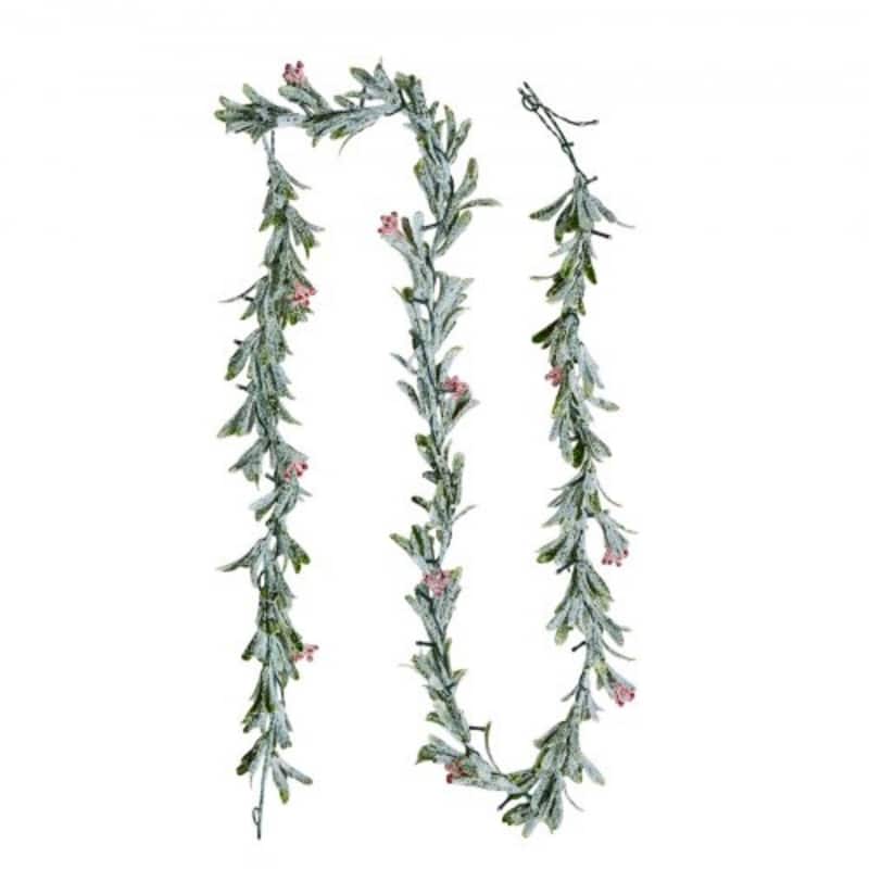 Snowy Green LED Lighted Christmas Garland with Olive Leaves and Vine Berries for Stairs and Mantels - 9-Feet