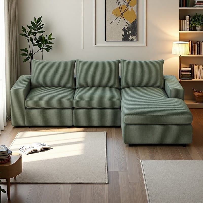 99" Corduroy L-Shaped Sectional Sofa with Chaise and 3 Pillows, No Assembly Required - Green