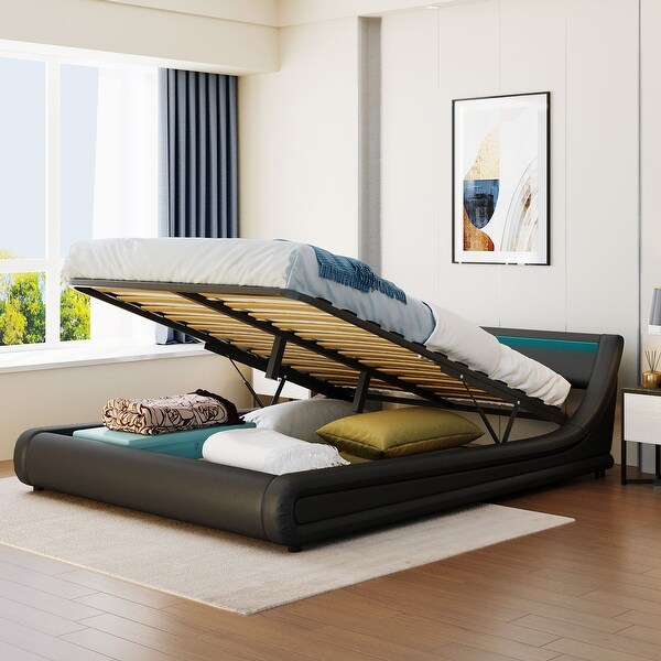 Queen Lift Storage Bed with LED Headboard Faux Leather Upholstered Platform Bedframe w Gas Lift Up Storage No Box Spring Needed On Sale Bed Bath Beyond 38292670