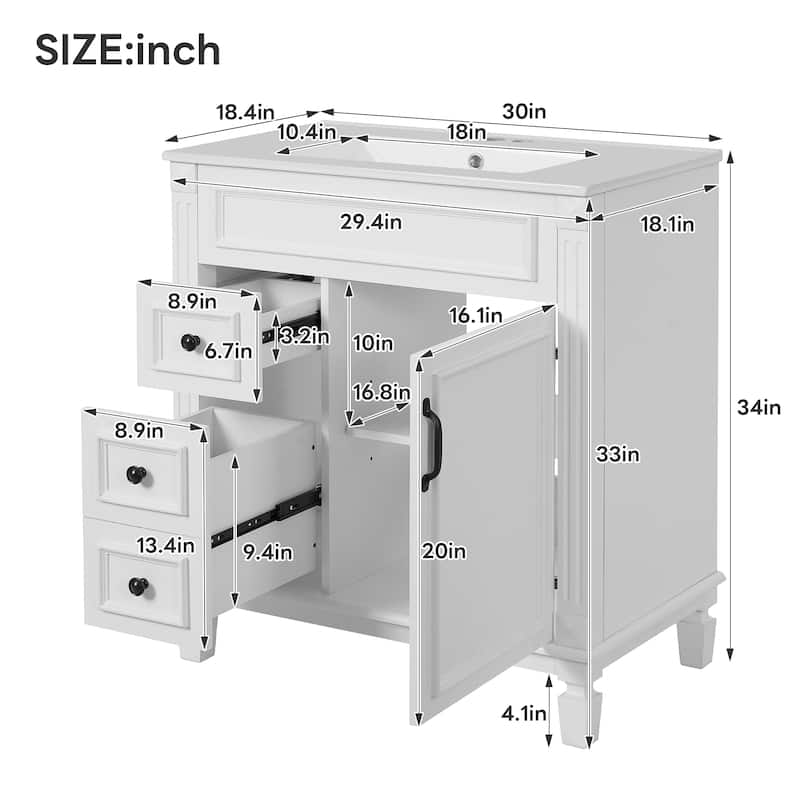 GDF Studio - Belcourt Modern Bathroom Vanity with Ceramic Sink, 2 Storage Drawers and Adjustable Shelf