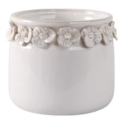 Ceramic Round Planter Sculpted Floral Rim Detail and Drainage Hole