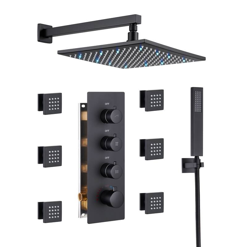 3 Functions Thermostatic LED Light Wall Mounted Shower System - Matte Black