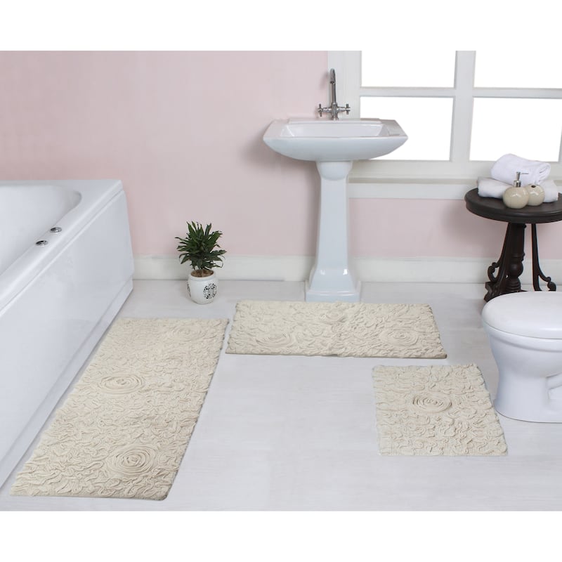 Bell Flower Collection 100% Cotton Non-Slip Bathroom Rug Set, Machine Washable Bath Rug, 3 Piece Set with Runner Rug - Ivory