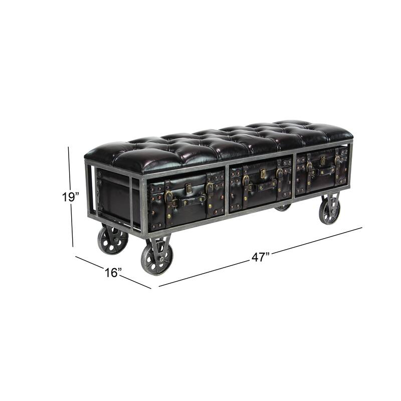 Black Faux Leather Tufted Upholstered 3 Trunk Storage Bench with Industrial Wheels and Gold Studded Accents