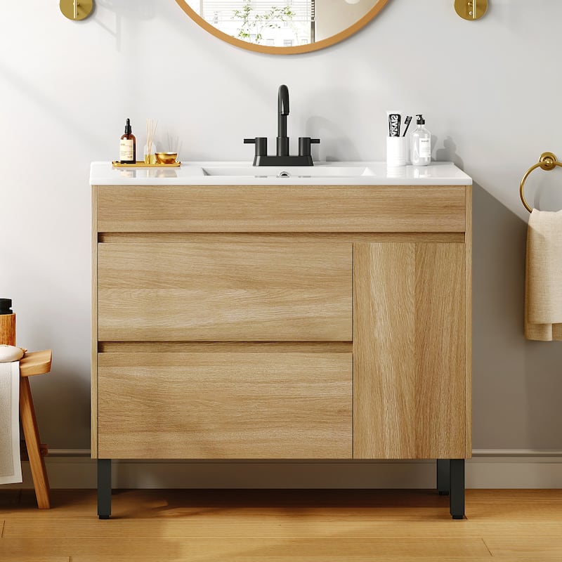 Moasis 36 Inch Freestanding Bathroom Vanity with Ceramic Sink 1 Cabinet and 2 Drawers - Natural Brown