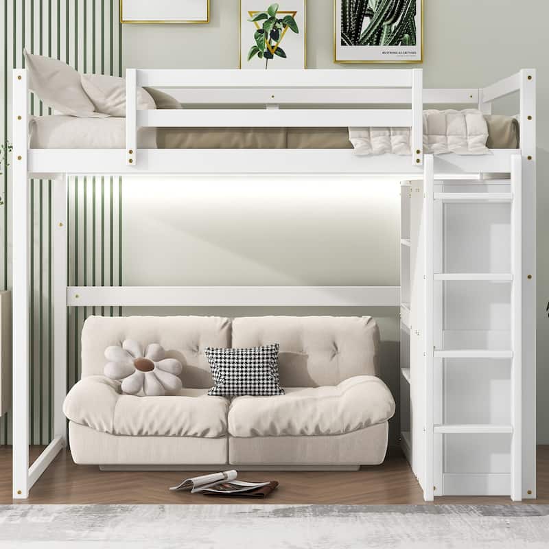 Full Size Loft Bed with Wardrobe, Storage Shelves, and LED Light in White