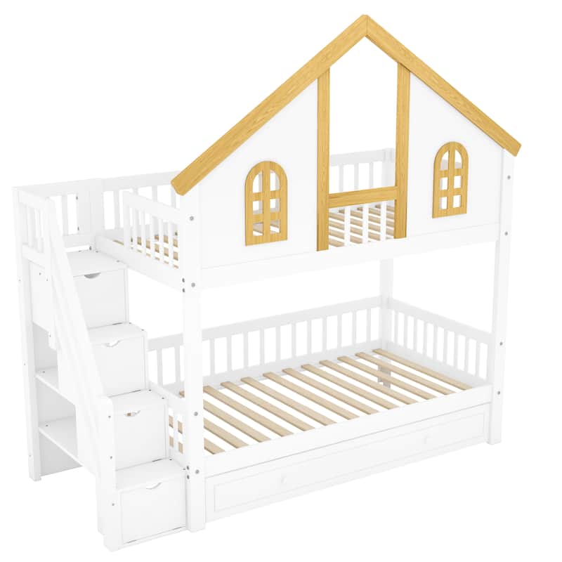 GDFStudio -DreamCottage Modern Wooden House Roof Bunk Bed with Storage Drawers and Staircase