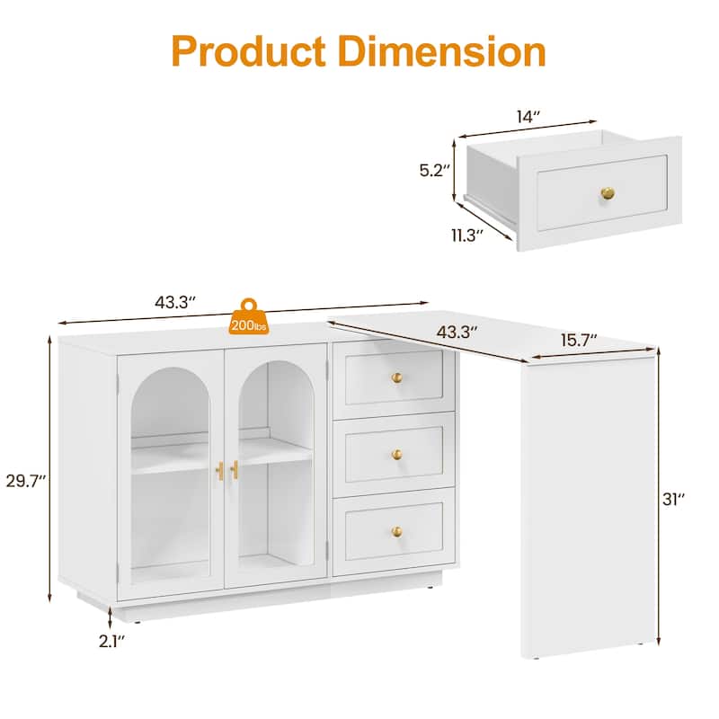 Extendable Makeup Vanity Desk with 3 Drawers & 2 Doors