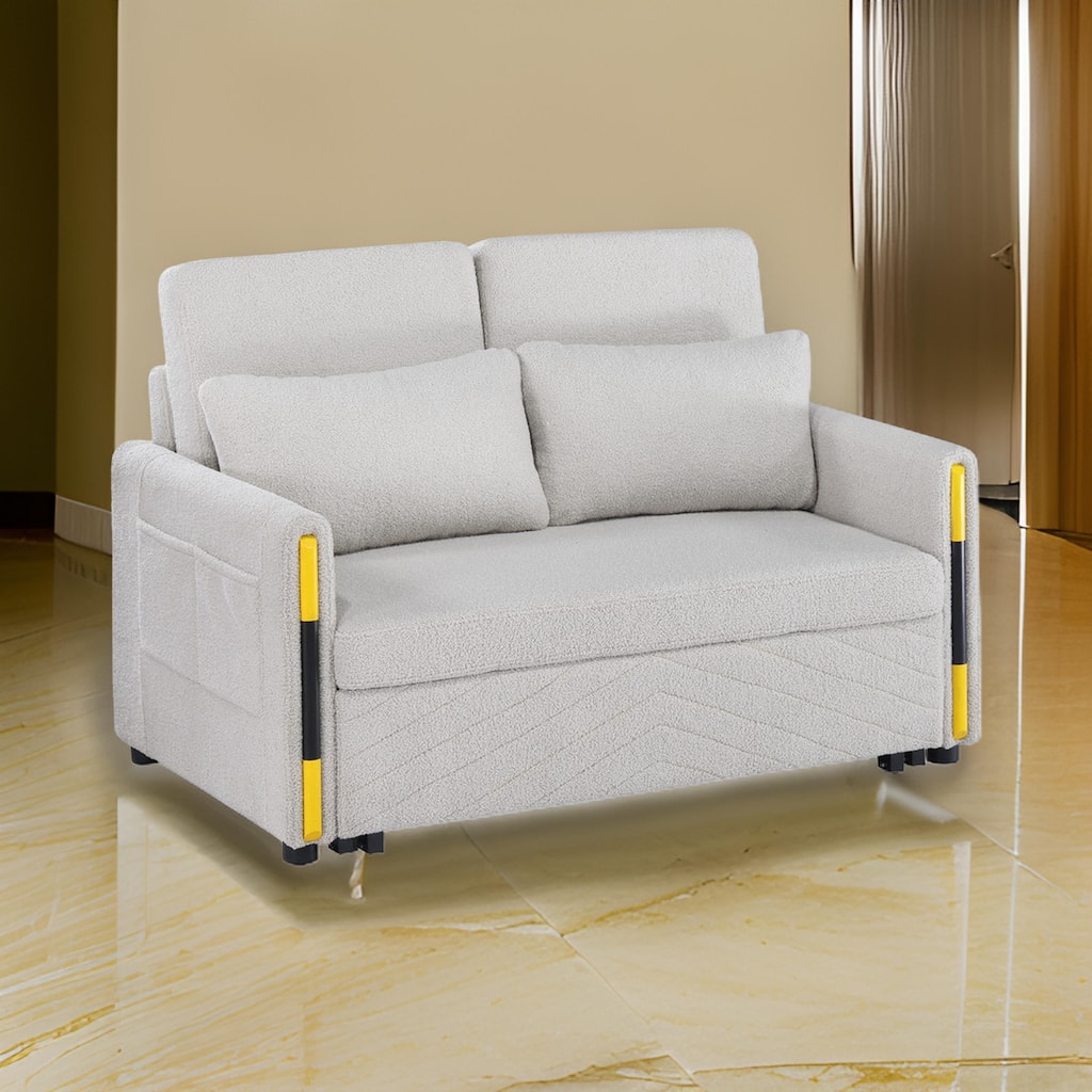 Pcy 56 Inch Sleeper Loveseat with Side Pockets, Beige Teddy Velvet, Wood