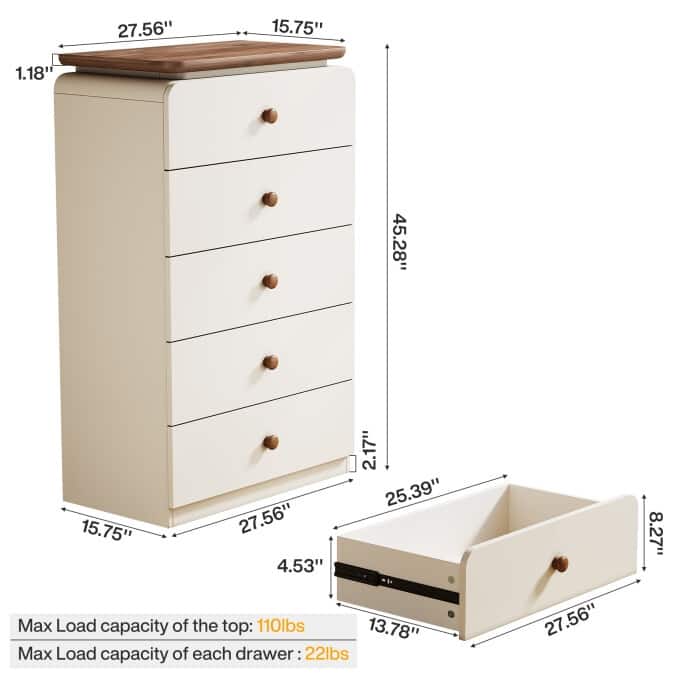 5-Drawer Wood Chest, Tall Storage Cabinet Organizer for Living Room, Bedroom, Closet, Entryway