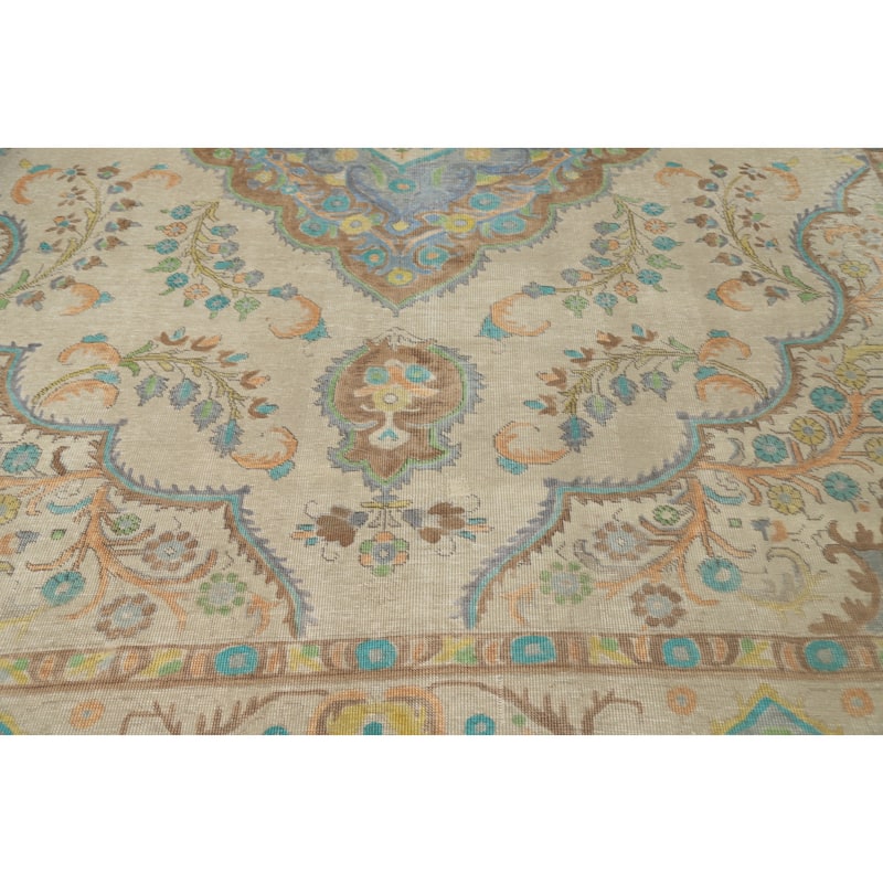 Hand Knotted Oriental 100% Wool Carpet Traditional Floral Beige & Ivories Tabriz Area Rug - 12' 2'' X 9' 7''