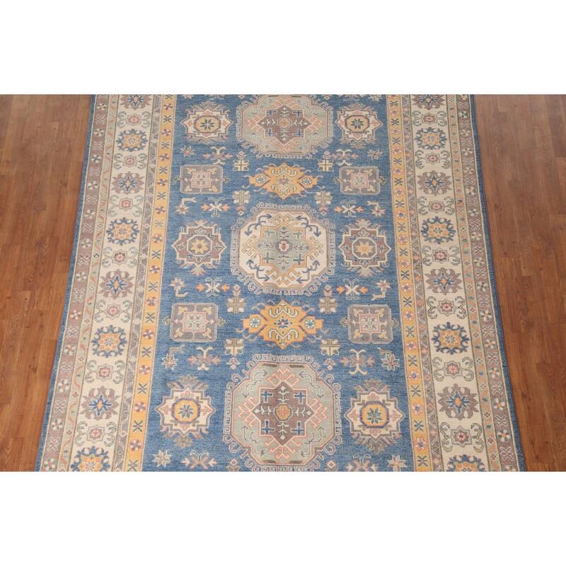 Geometric Blue Kazak Living Room Area Rug Hand-Knotted Wool Carpet - 6'8" x 9'9"