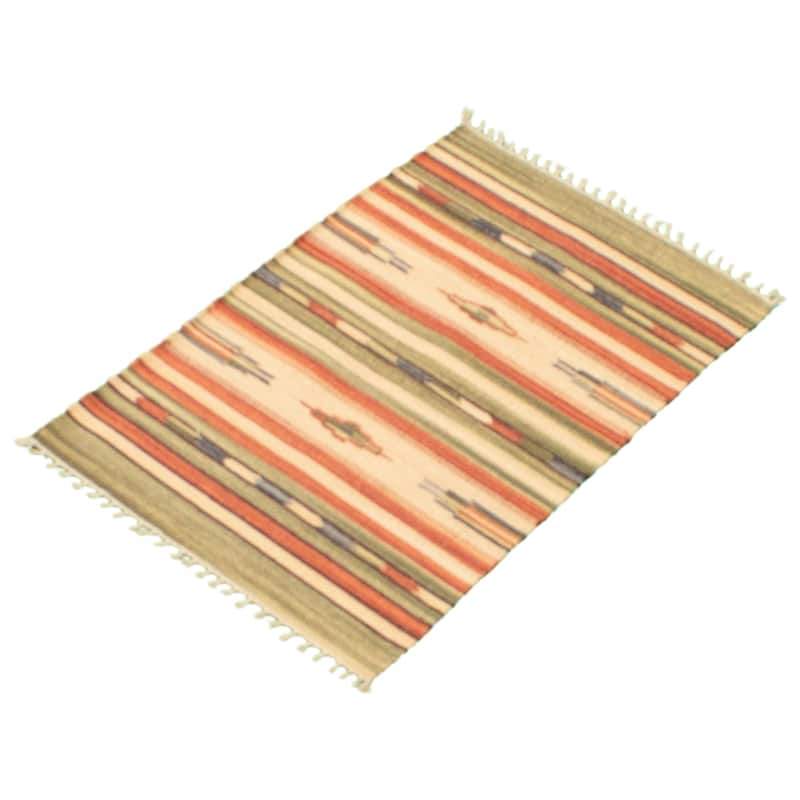 ECARPETGALLERY Flat-weave Bold and Colorful Cream, Olive Wool Kilim - 2'0 x 3'0
