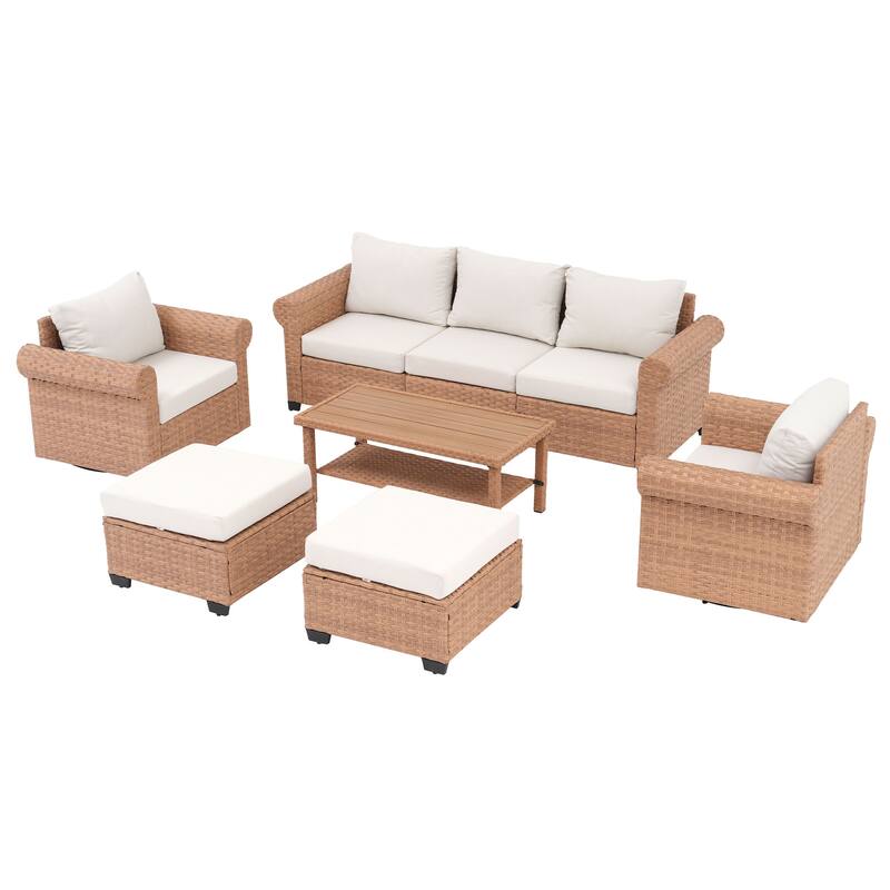 Outdoor 6-Piece Pe Rattan Garden Patio Sofa Set with Swivel Chair