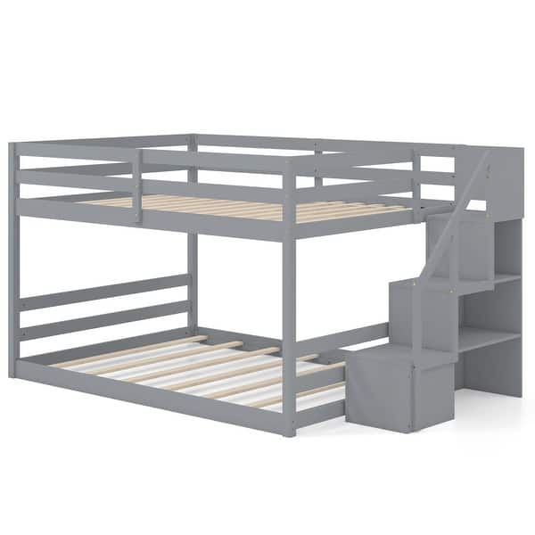 slide 2 of 22, Costway Full Over Full Low Bunk Bed with Storage Stairs with Grey