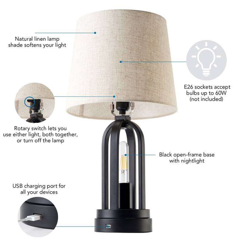 CO-Z Set of 2 Industrial Black Table Lamps with USB Port