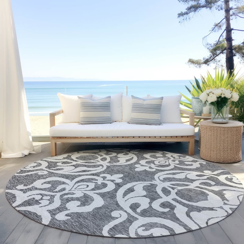 Machine Washable Indoor/ Outdoor Damask Glam Chantille Rug - Gray - 8' x 8'