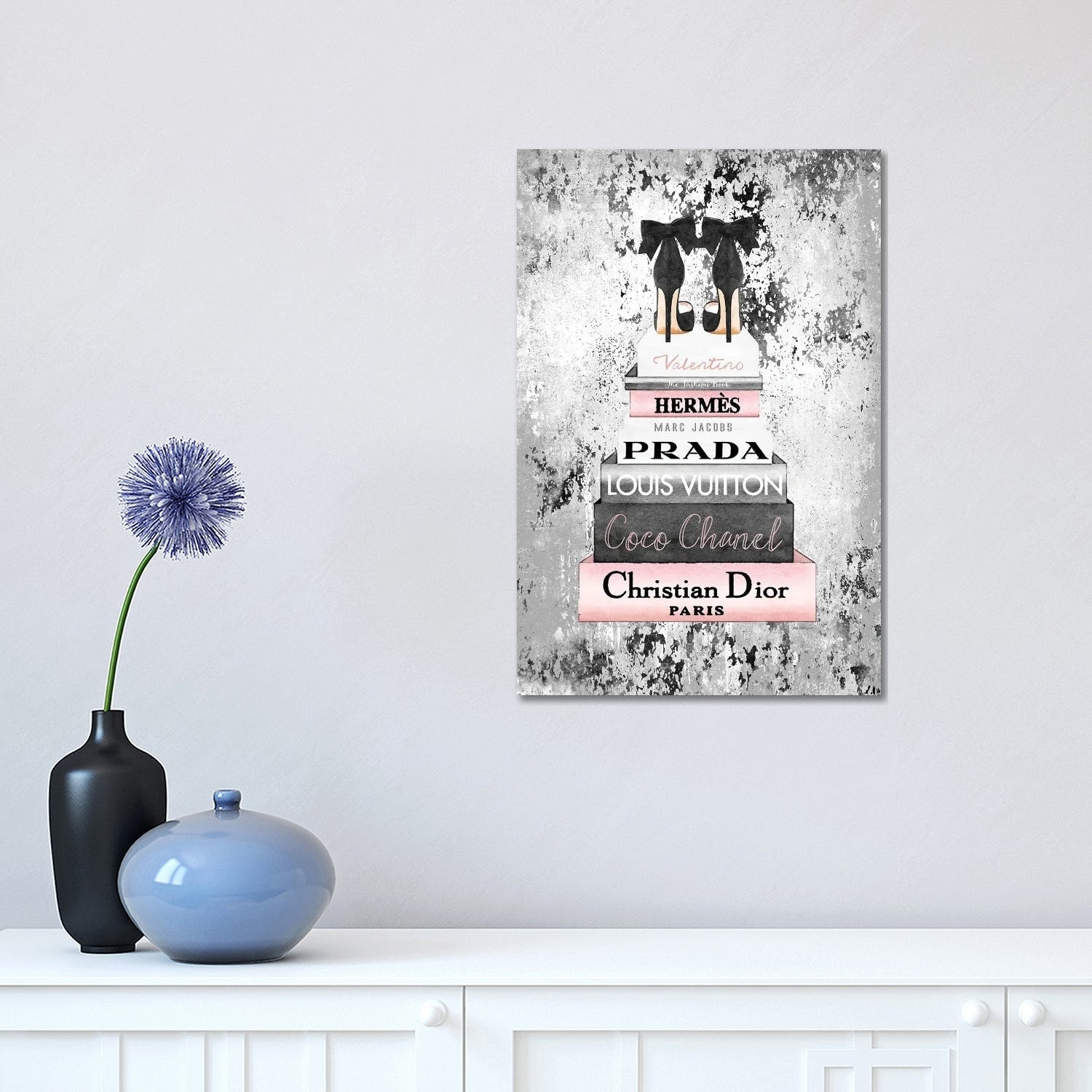 Amanda Greenwood Canvas Wall Decor Prints - Fashion Bookstack Grey Bow Shoes & Ink ( Fashion > Shoes > High Heels art) - 40x26 in