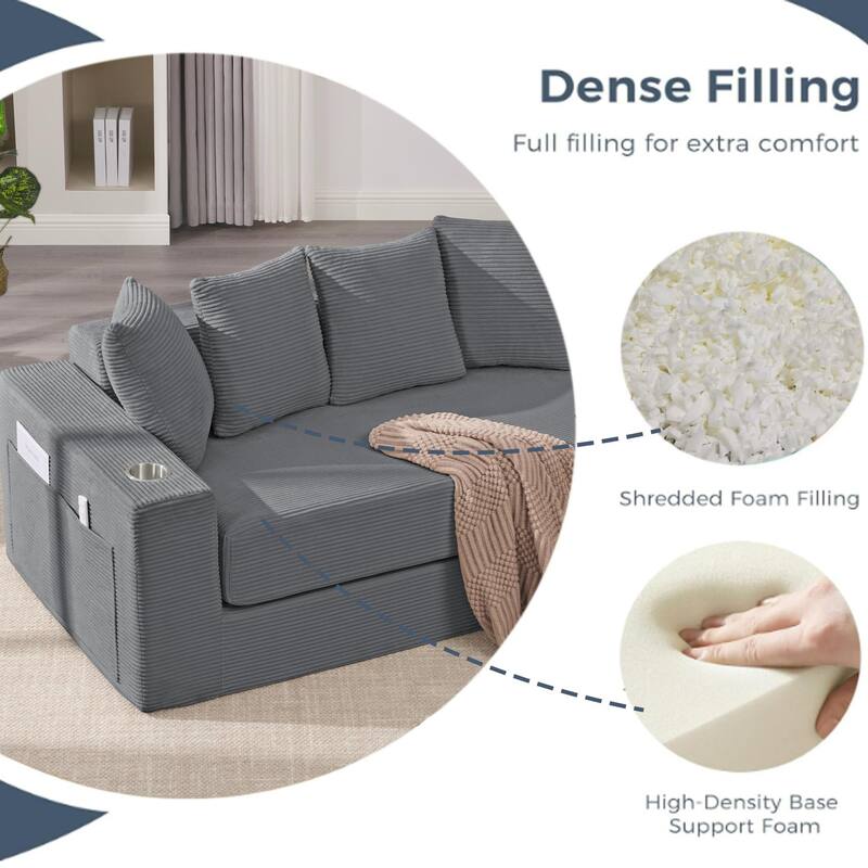 Convertible Corduroy Sleeper Loveseat Sofa Bed 3 Seater Floor Folding Couch with 5 Pillows, Cup Holders and Side Pockets