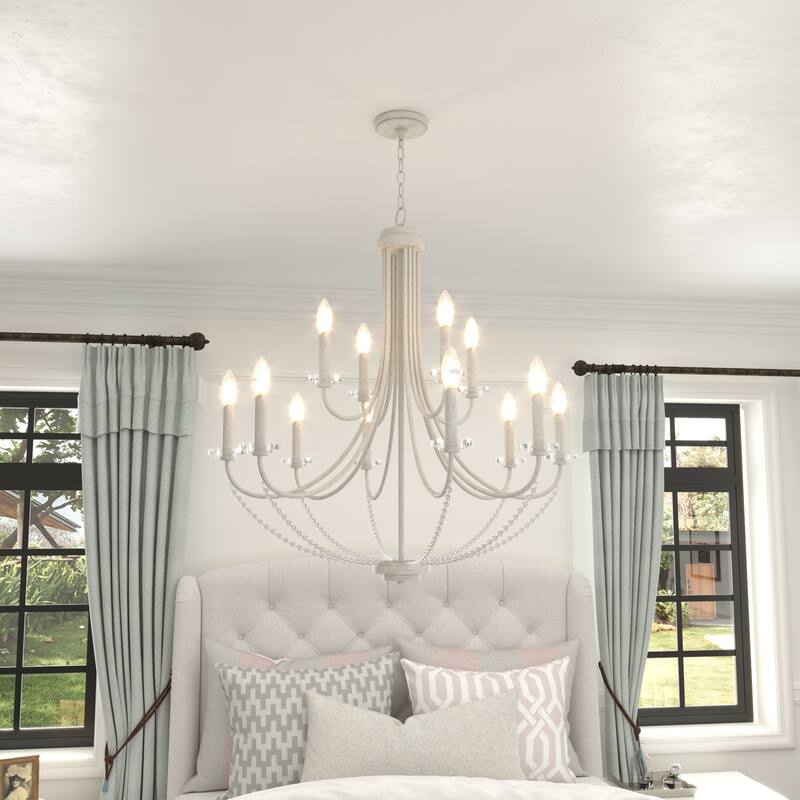 33.5In French Country 12-light Beaded Empire Candle Chandelier - 33.5'' D * 127.5'' H