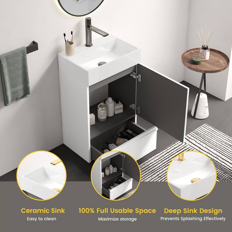 20" Striped Freestanding Bathroom Vanity with Ceramic Sink, Modern Bathroom Storage Cabinet